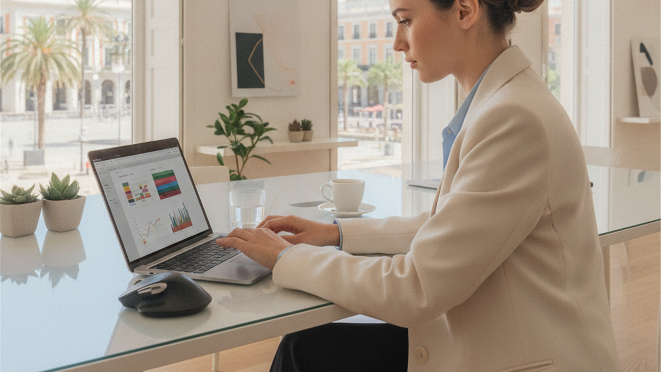 mujer revisando cv en portatil oficina