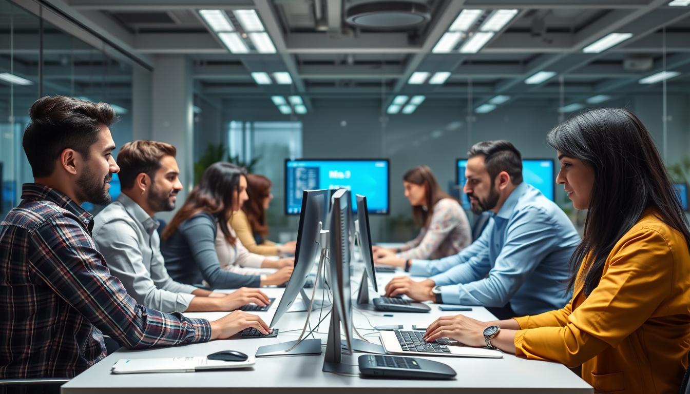 Profesionales trabajando en oficina moderna en España buscando empleo