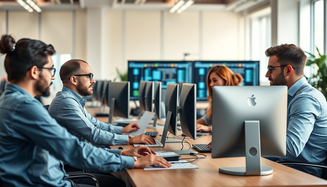 Profesionales trabajando en oficina moderna en España buscando empleo