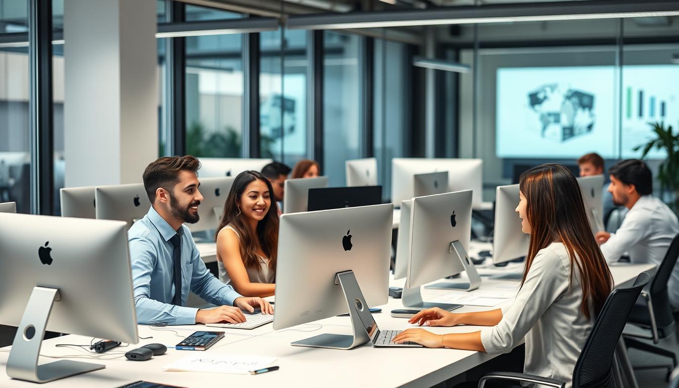 Profesionales trabajando en oficina moderna en España