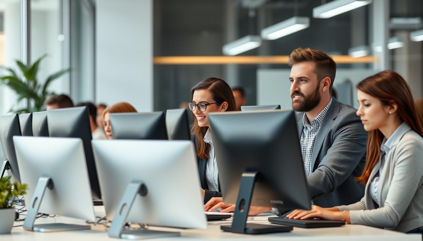 Profesionales trabajando en oficina moderna en España