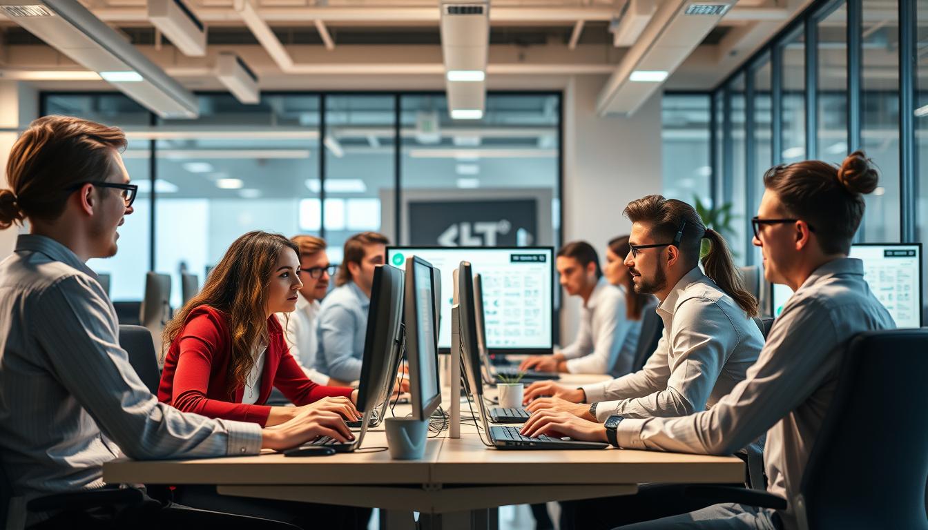 Profesionales trabajando en oficina moderna en España