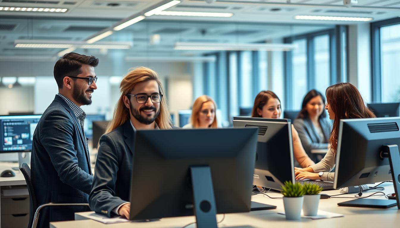 Profesionales trabajando en oficina moderna en España buscando empleo