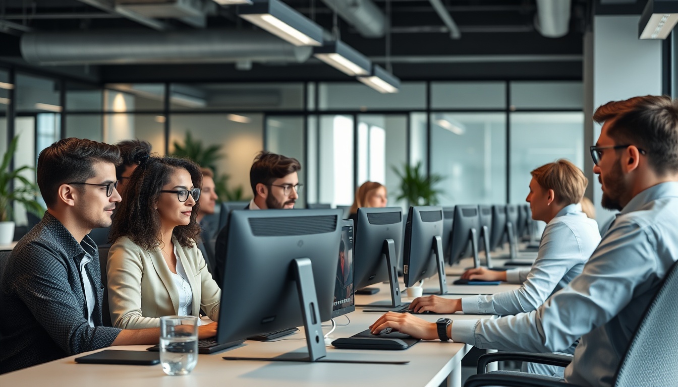 Profesionales trabajando en oficina moderna en España buscando empleo