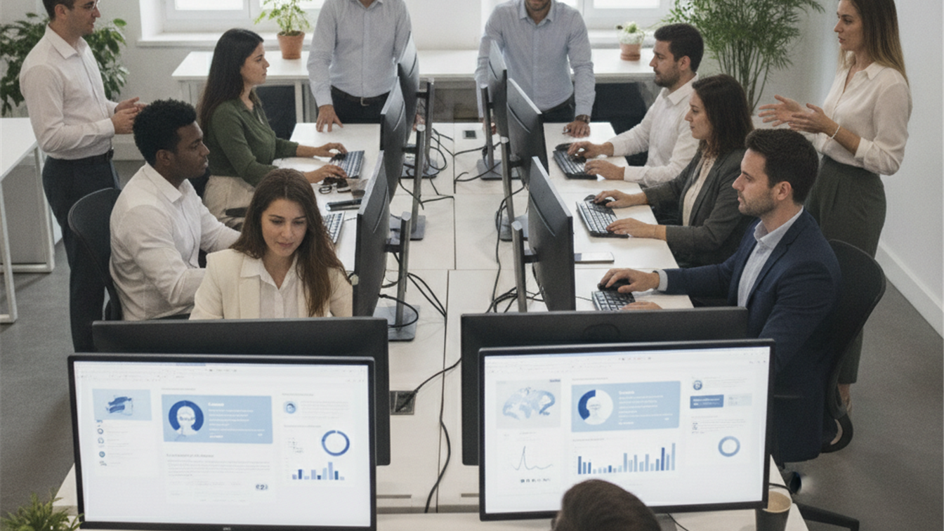 profesionales trabajando en oficina moderna España