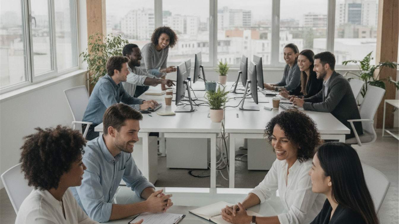 Profesionales trabajando en equipo en oficina moderna en España