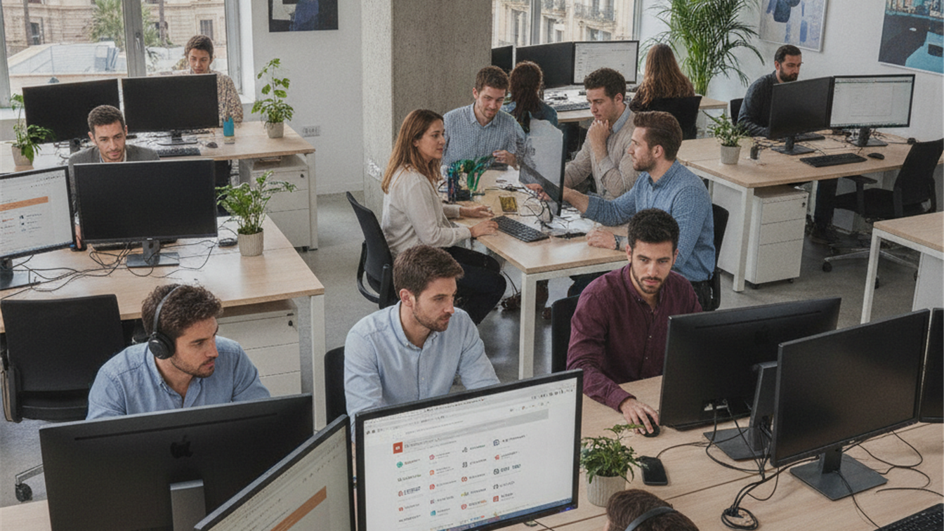 Profesionales trabajando en equipo en oficina española