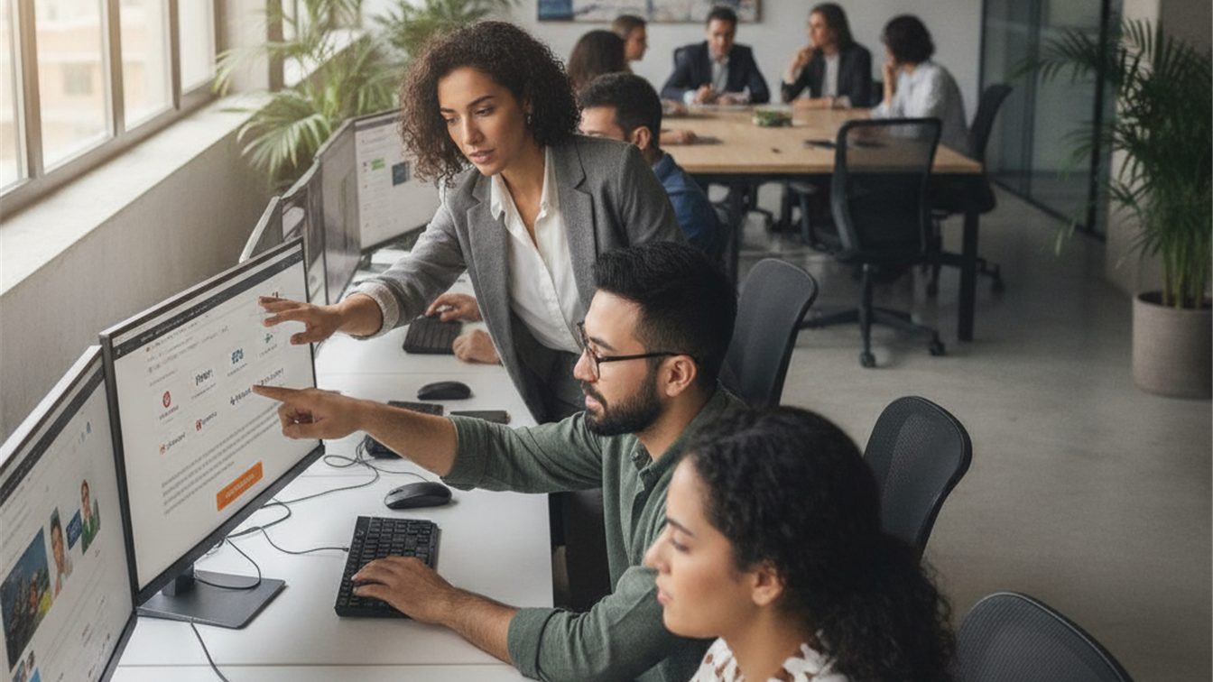 Grupo de profesionales trabajando en ordenadores en oficina española