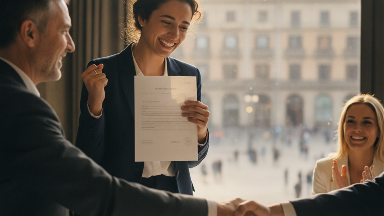 Persona sosteniendo documentos de oferta de trabajo con pantalla de ordenador al fondo