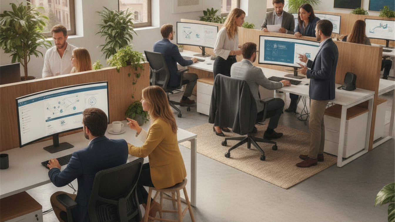 profesionales trabajando en equipo en oficina española