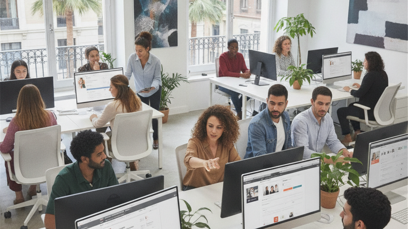 profesionales trabajando en equipo en oficina española