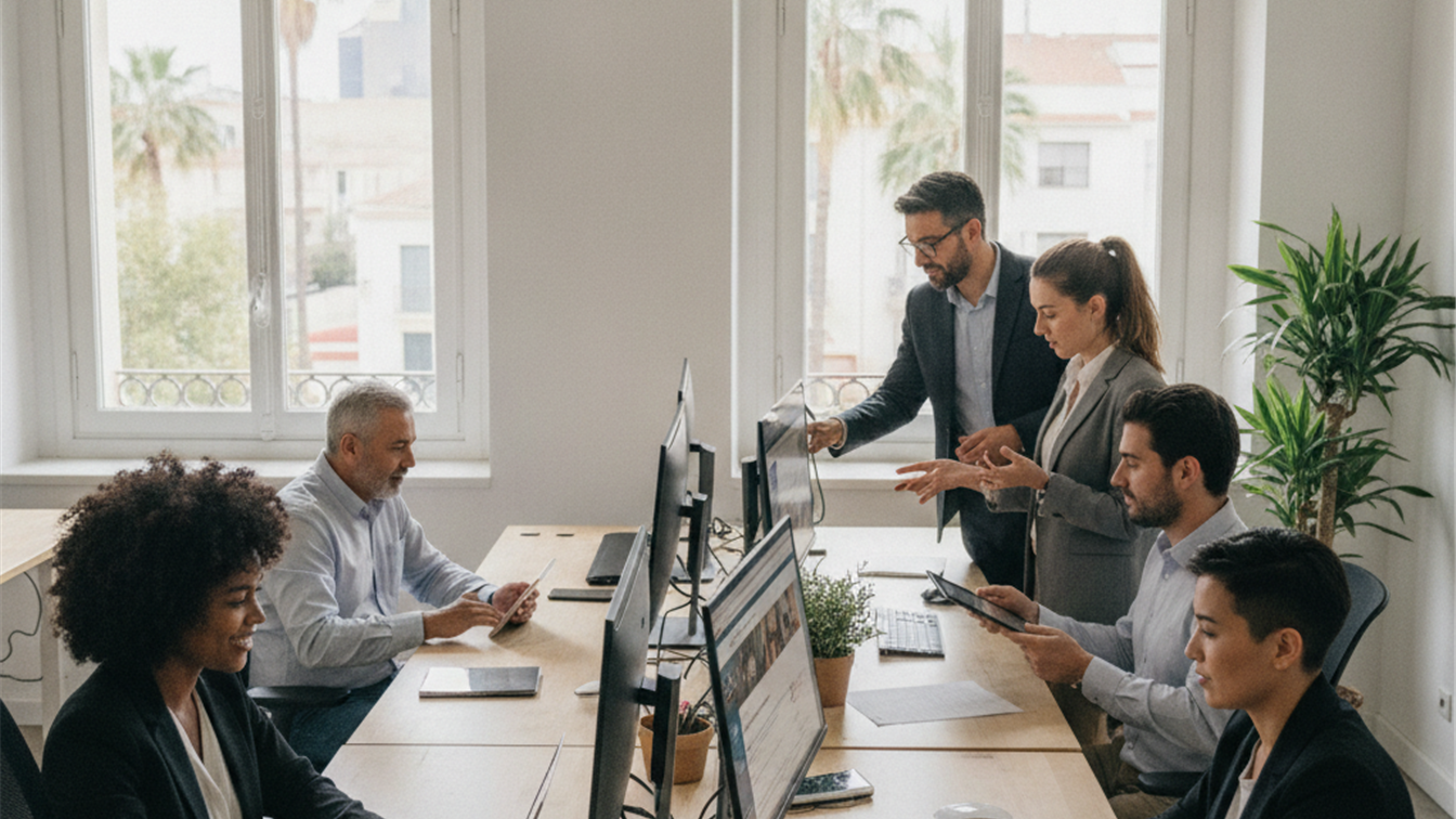 Profesionales trabajando en oficina buscando empleo en España
