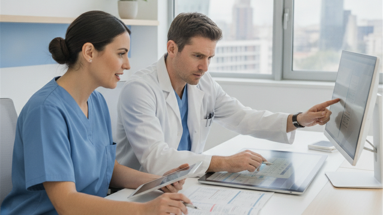 enfermera y medico revisando historiales en hospital espanol