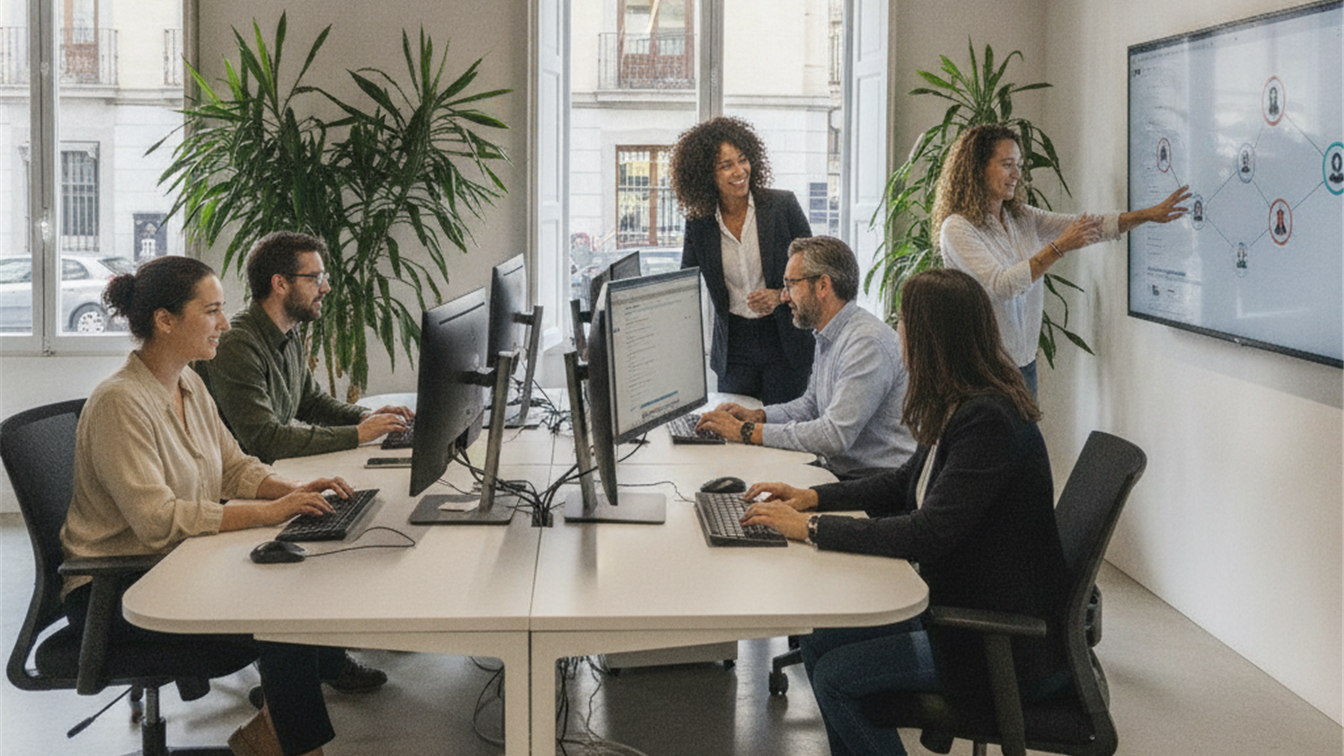 Profesionales trabajando en equipo en una oficina española
