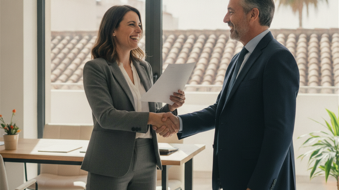 Persona revisando documentos de una oferta de empleo con ordenador al fondo