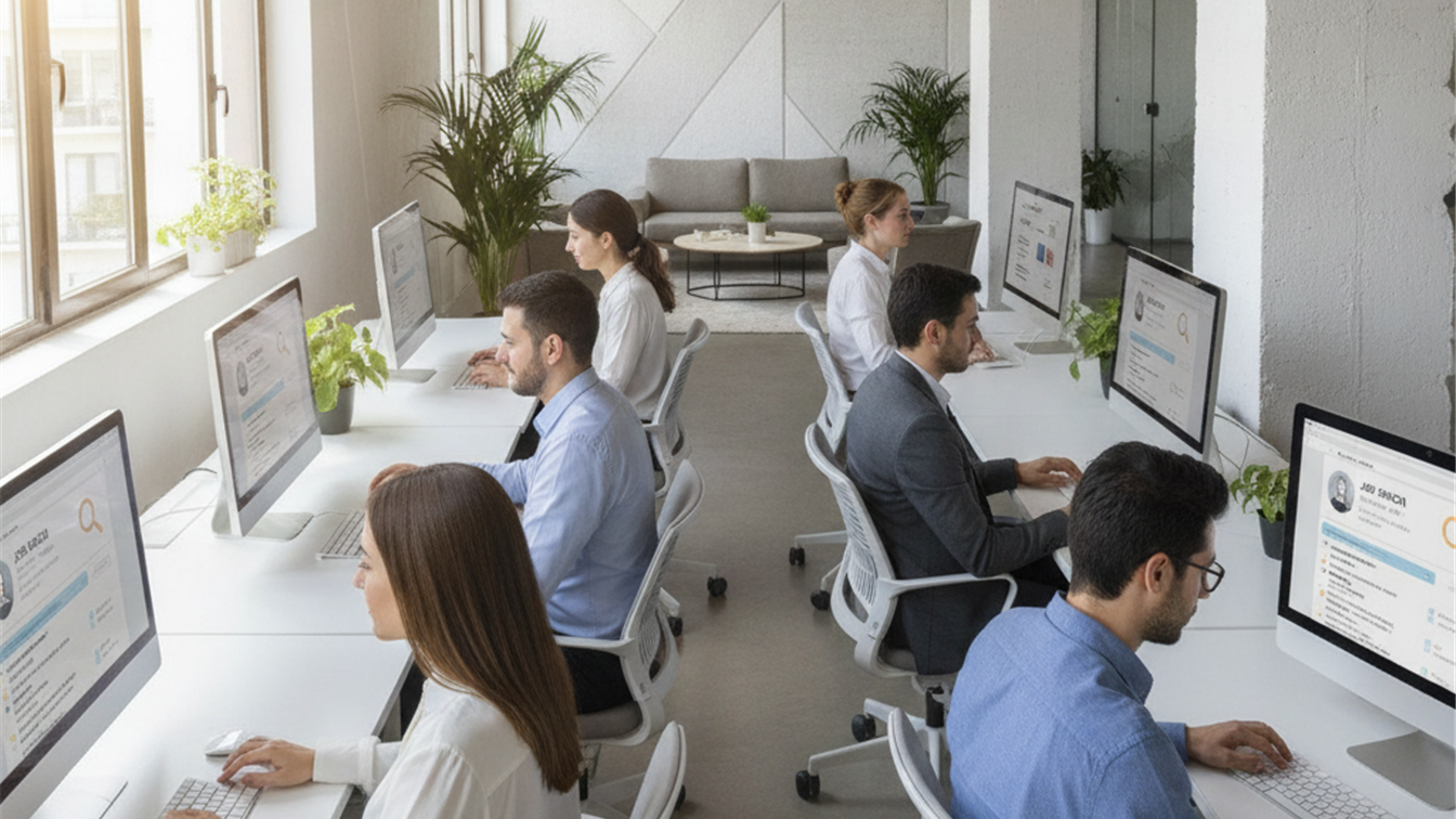 Profesionales trabajando en oficina moderna buscando empleo