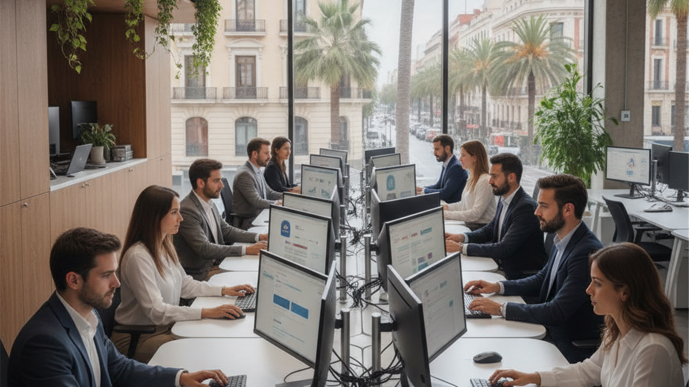 Profesionales trabajando en oficina moderna buscando empleo en España