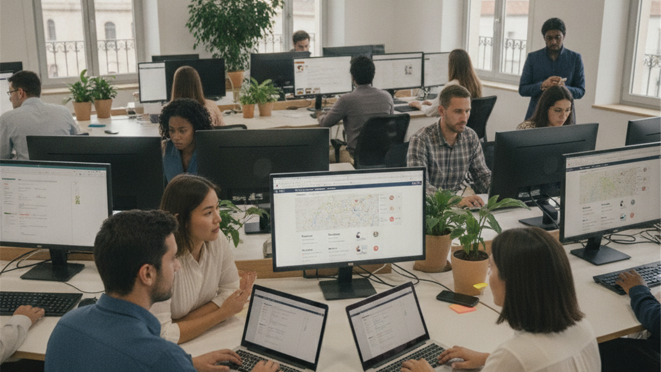 profesionales trabajando en equipo en oficina moderna en España