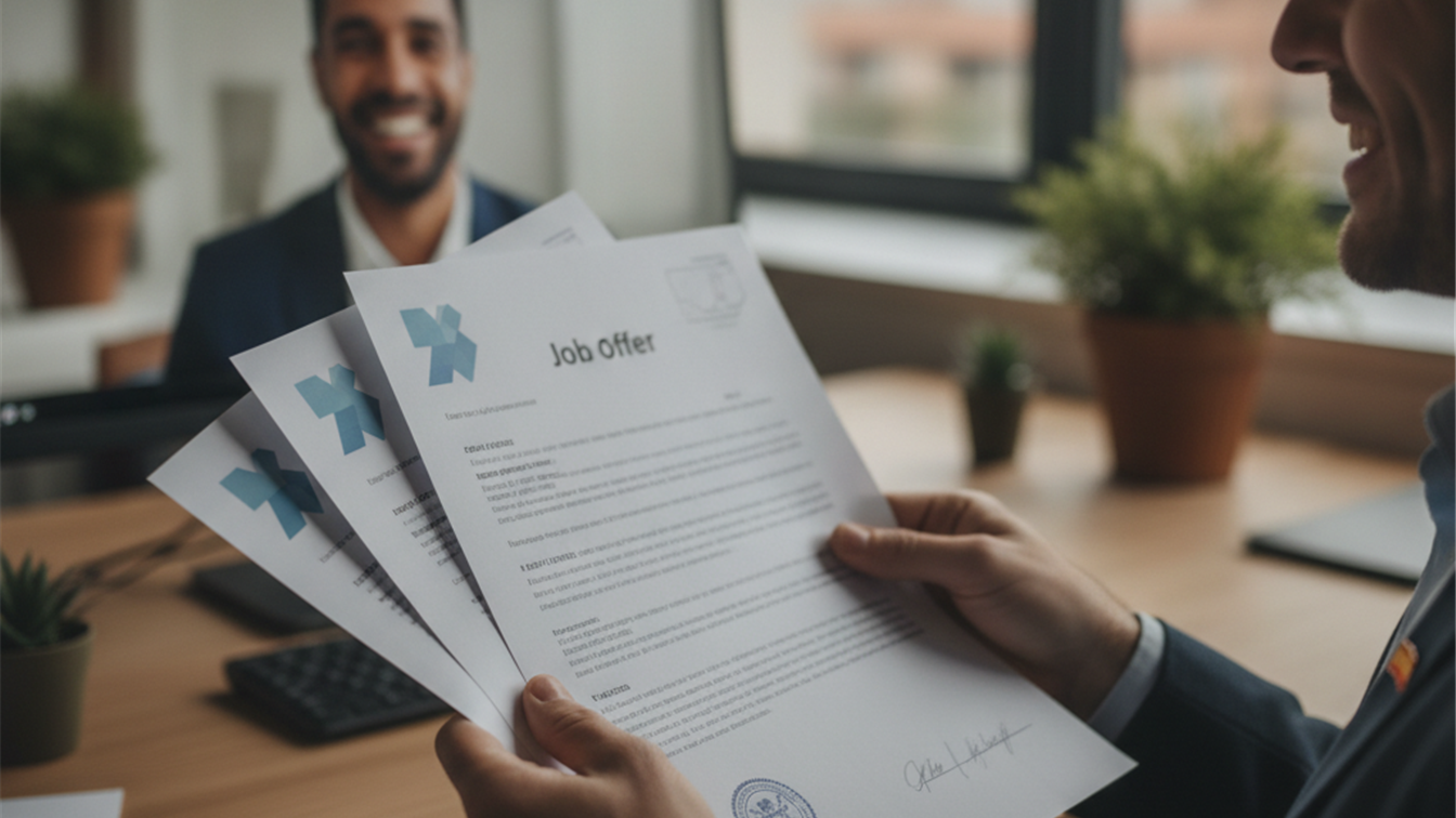 Persona revisando documentos de una oferta de empleo