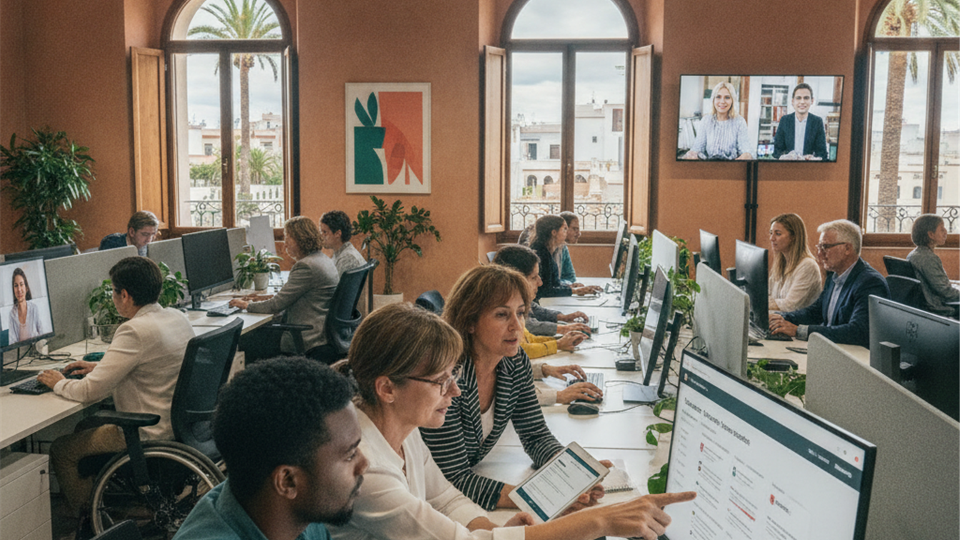 profesionales trabajando en equipo en oficina en España