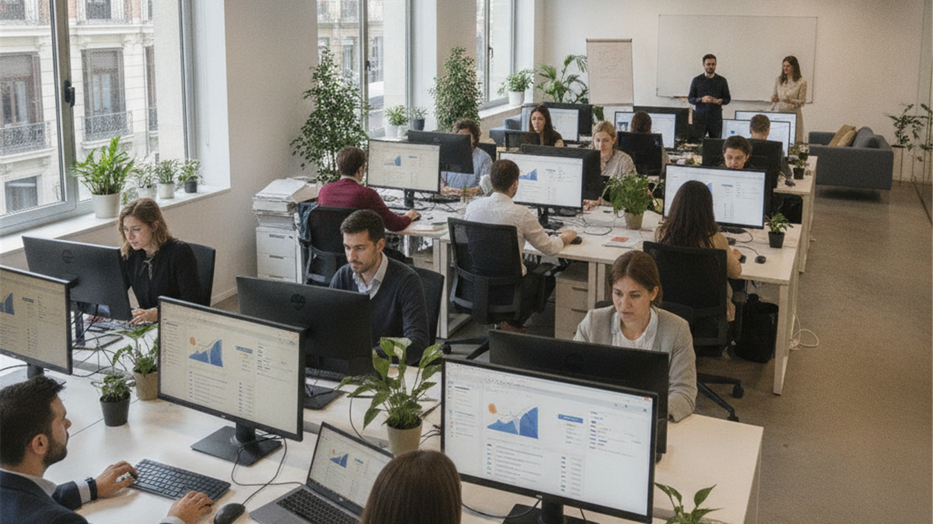 Profesionales trabajando en equipo en oficina en Espana