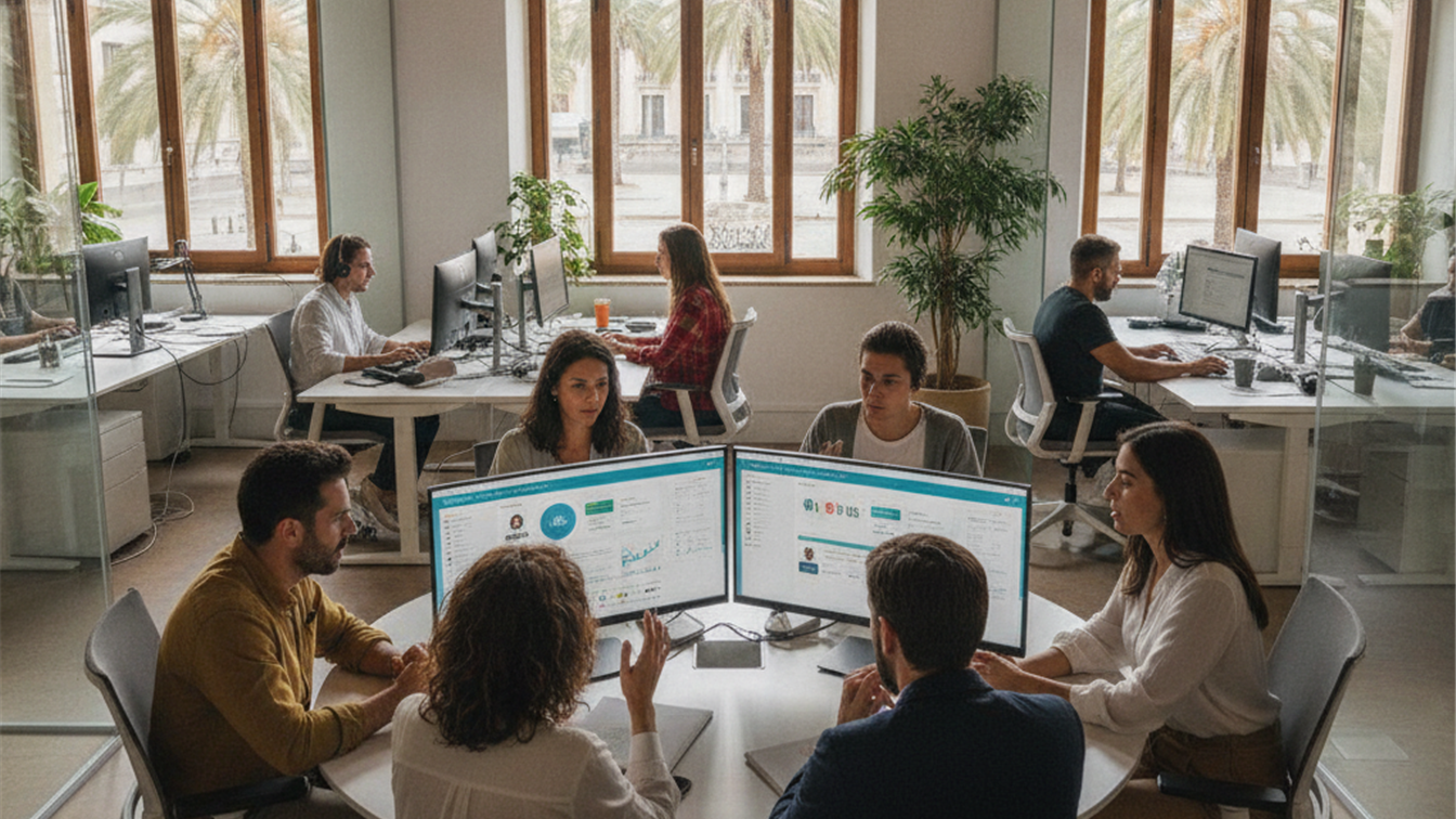 Profesionales trabajando en equipo en oficina en España