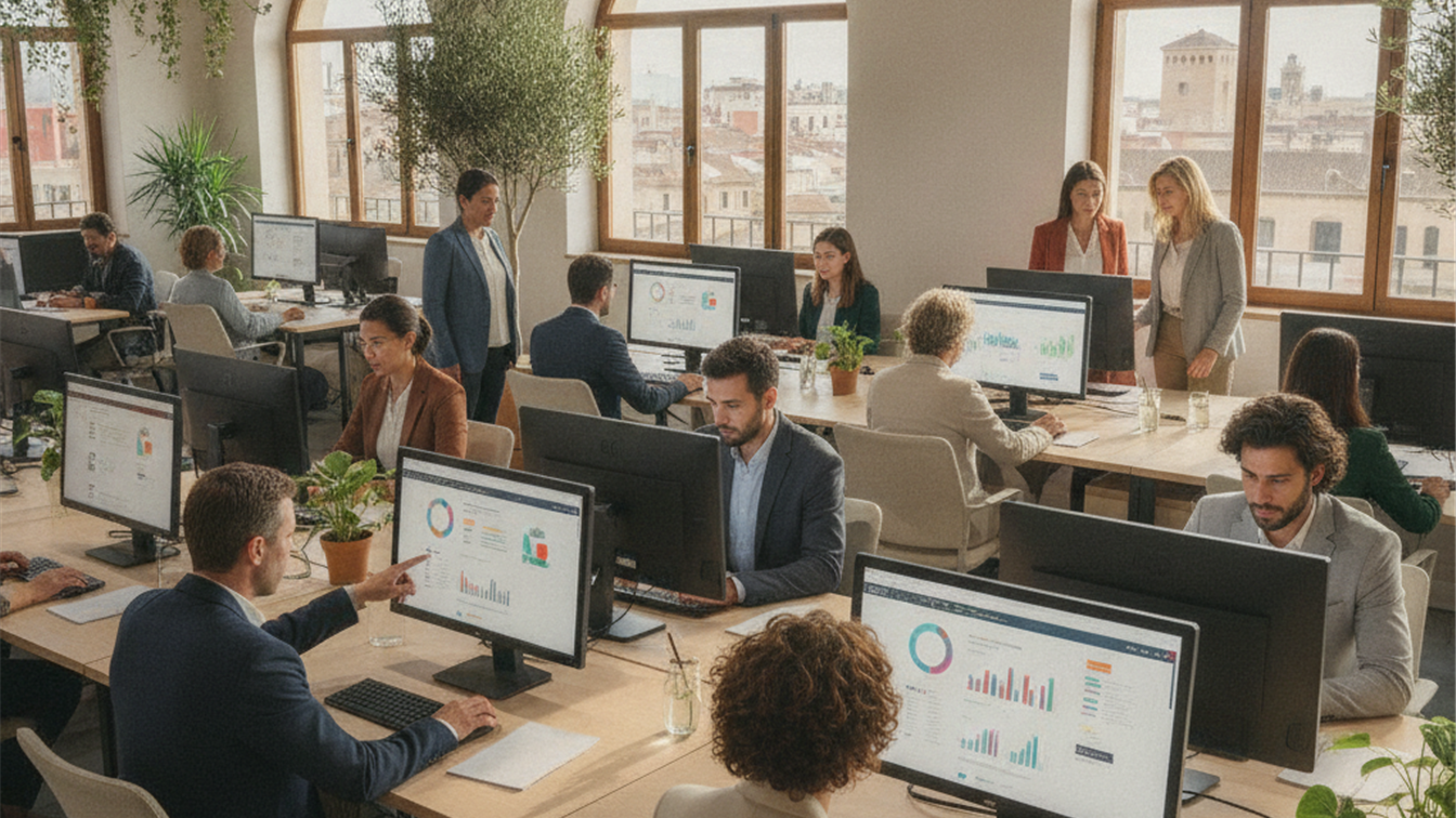 Profesionales trabajando en equipo en una oficina moderna en España
