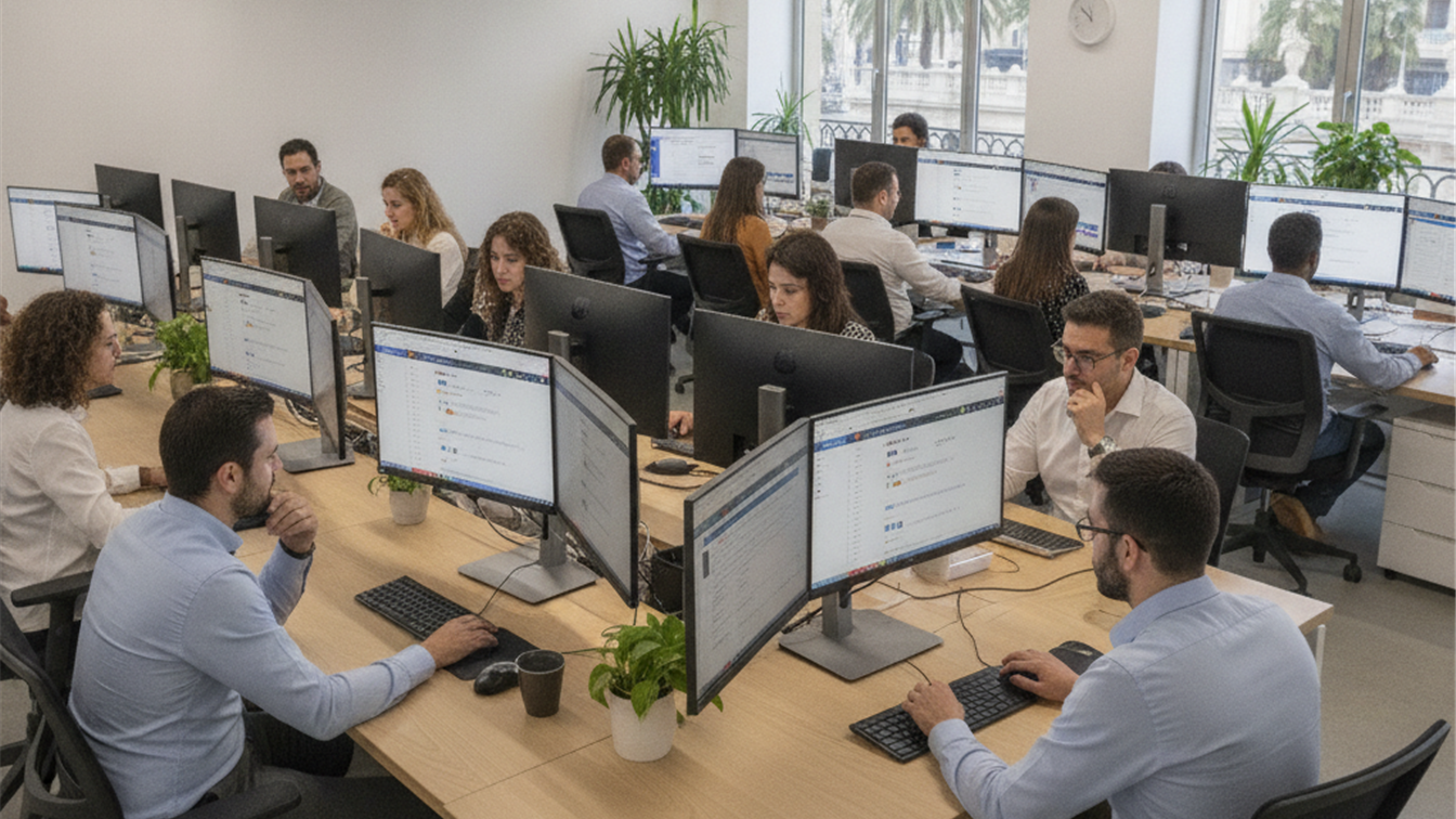 Profesionales trabajando en equipo en oficina española