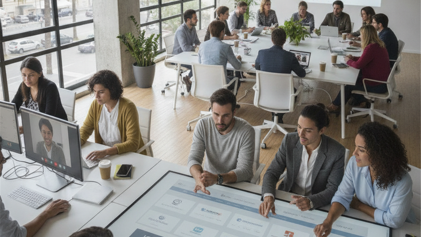 profesionales trabajando en equipo en oficina española