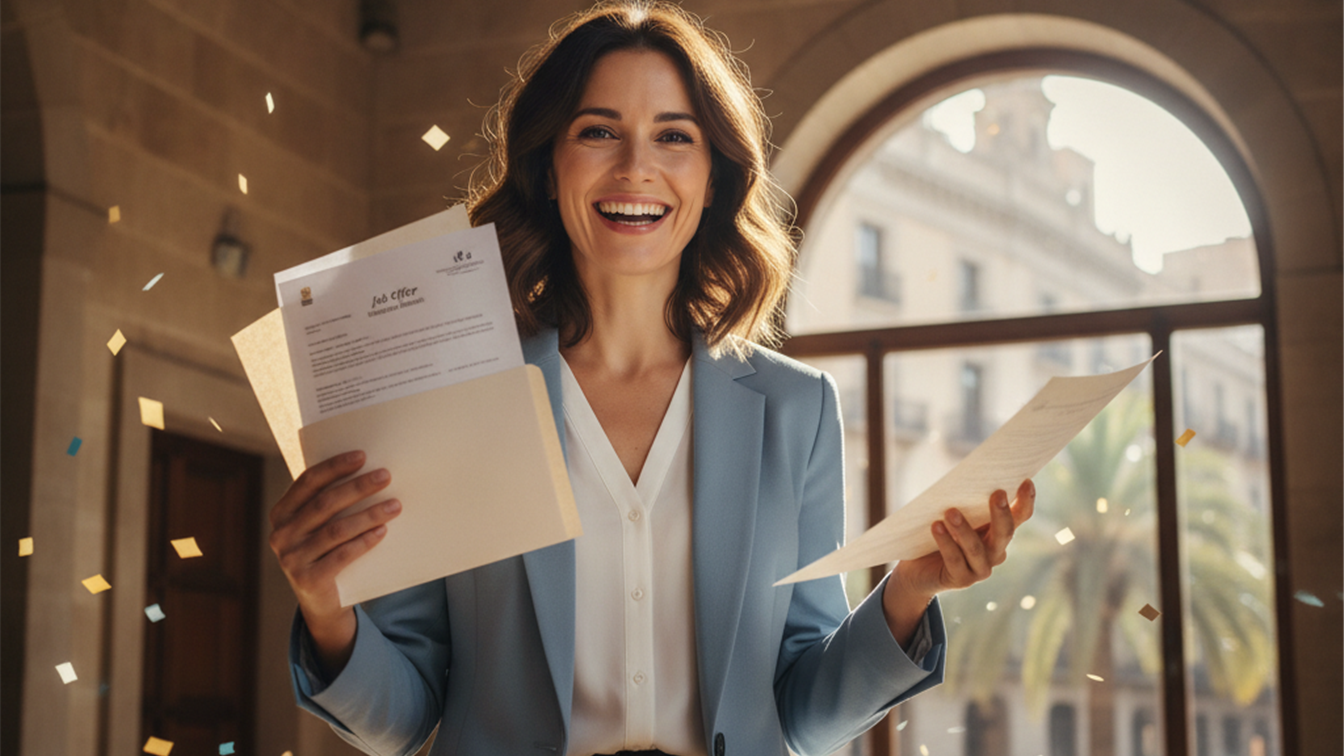 persona con documentos de oferta de trabajo en España