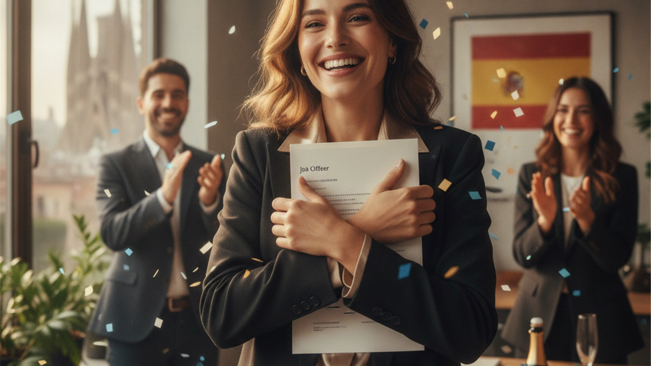 Persona feliz tras recibir oferta de trabajo