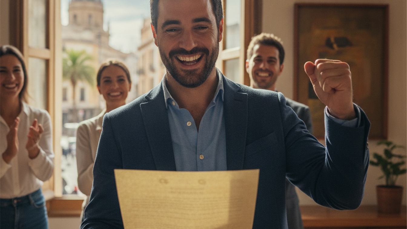 persona feliz recibiendo oferta de trabajo en España
