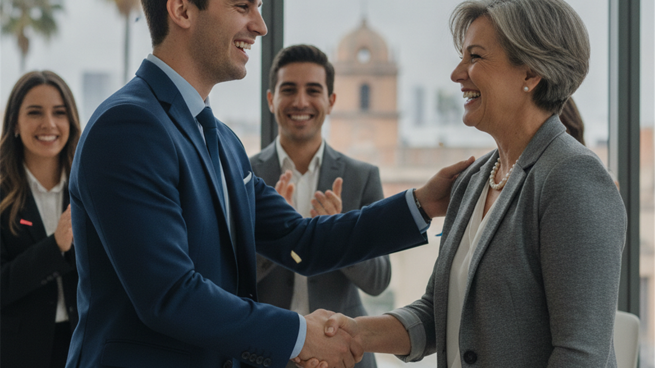 Profesional celebrando una nueva oferta de trabajo en Espana