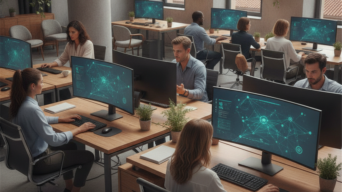 Profesionales buscando empleo en oficina moderna en España