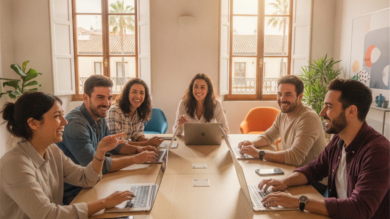 Profesionales trabajando en oficina moderna buscando empleo en España