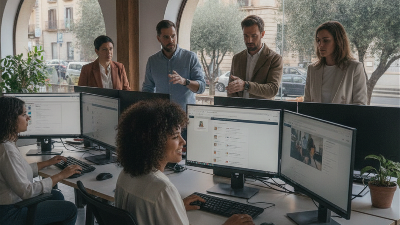 Profesionales trabajando en equipo en una oficina moderna en España