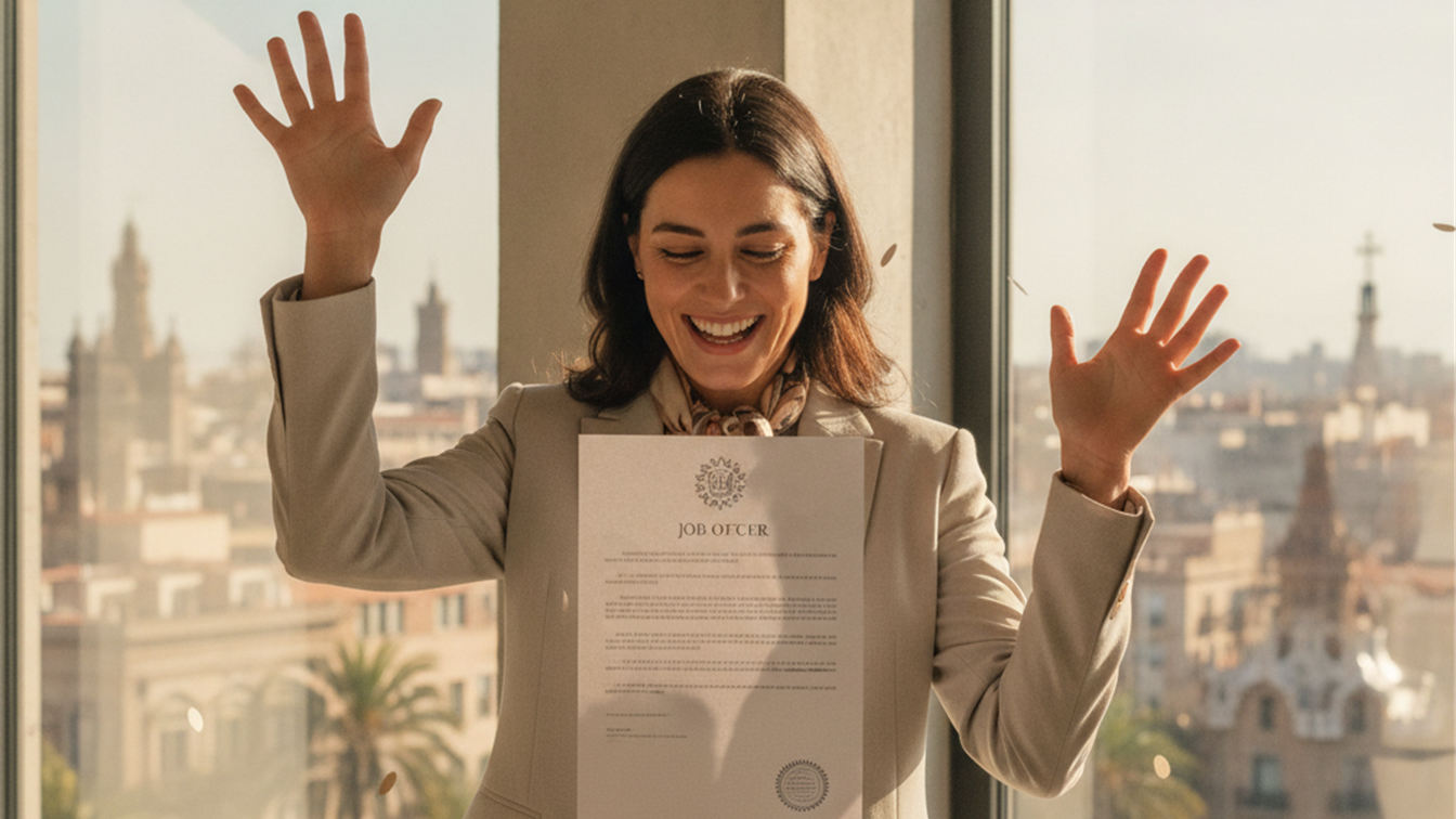 Persona revisando documentos de una oferta de trabajo en España