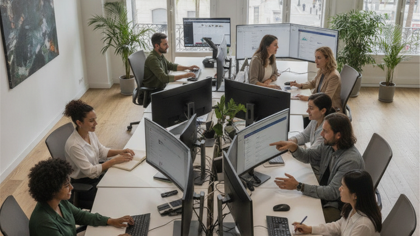 profesionales trabajando en equipo en oficina España
