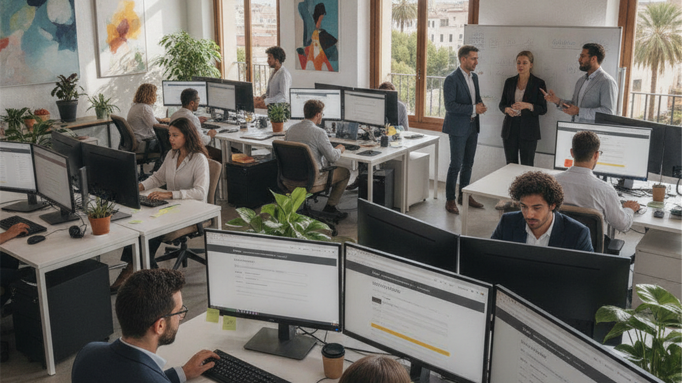 Profesionales trabajando en equipo en oficina española
