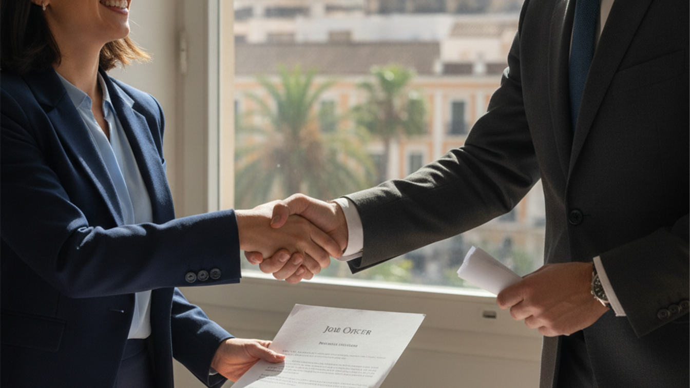 Persona revisando documentos de empleo con ordenador de fondo