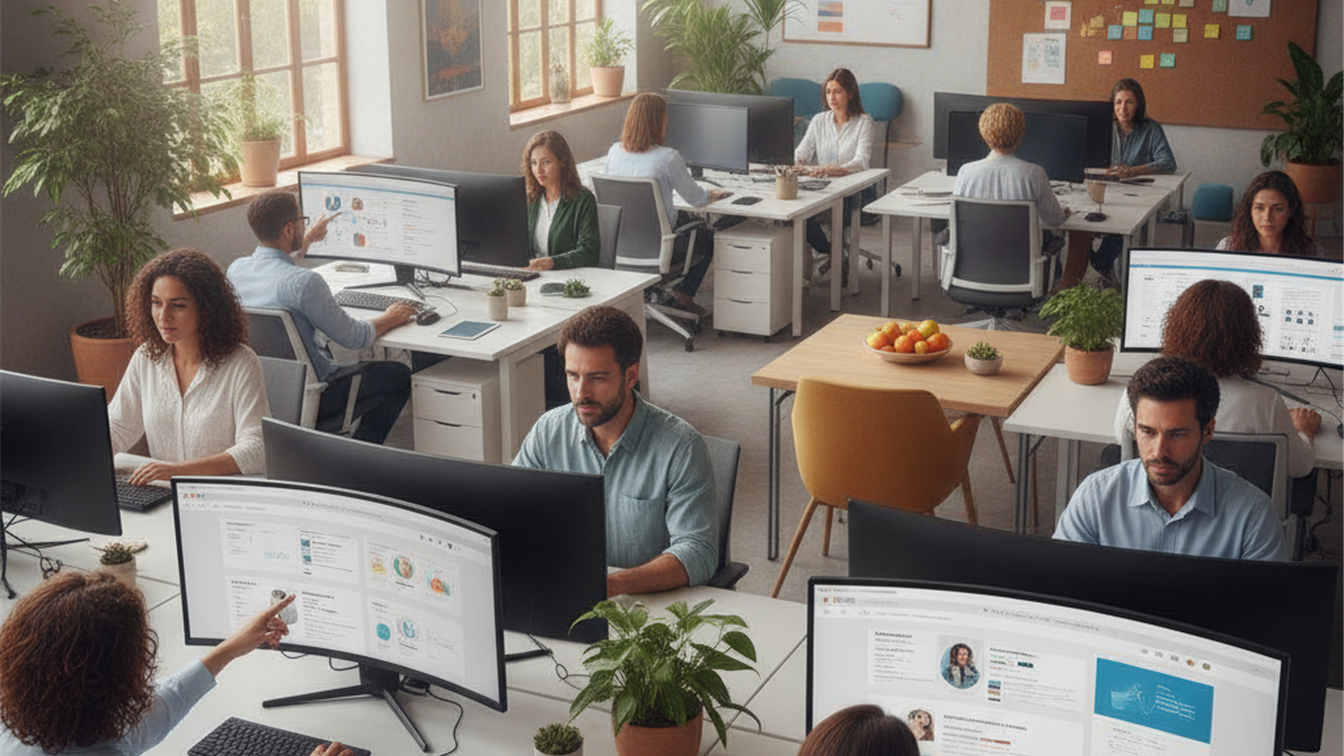 Profesionales trabajando en oficina moderna en España