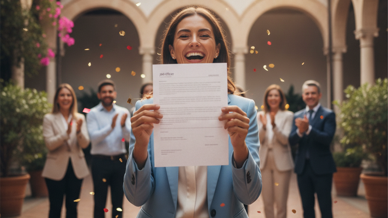 Documentos y pantalla de ordenador con oferta de empleo en España