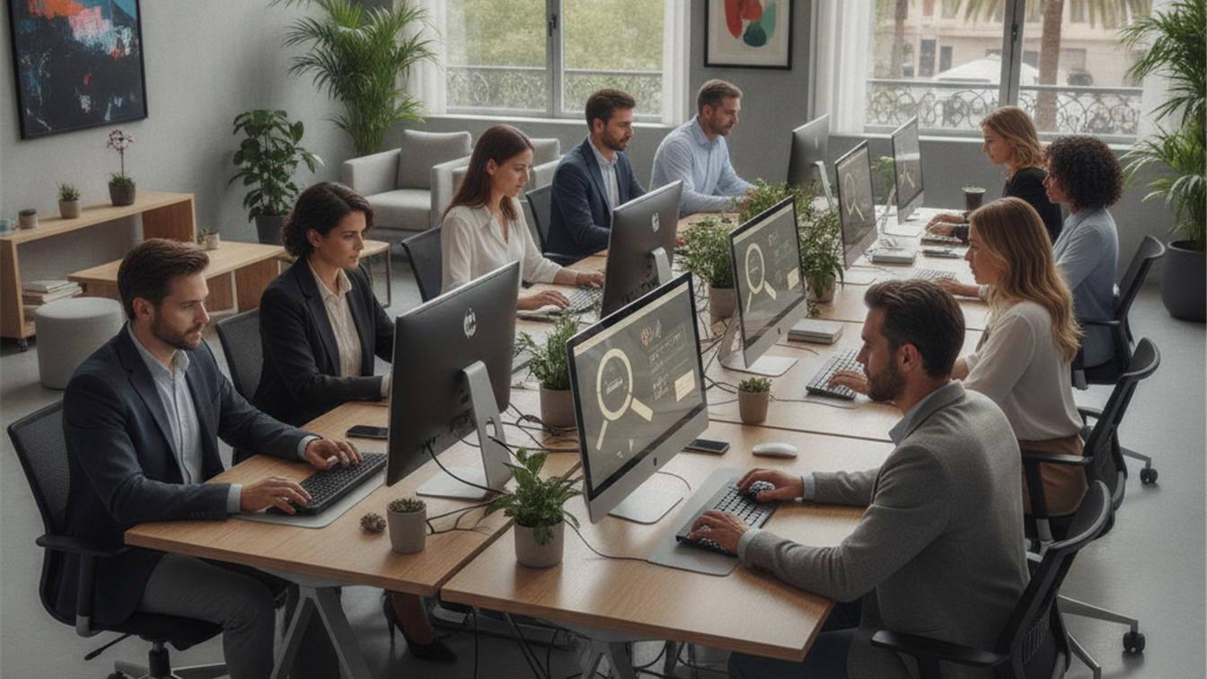 Profesionales trabajando en oficina moderna en España buscando empleo