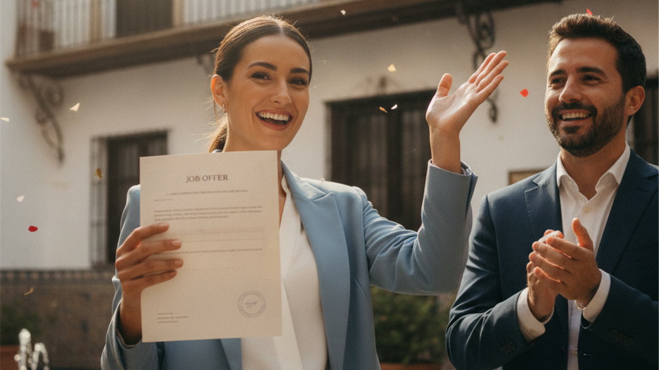 Profesional feliz recibiendo oferta de trabajo en España