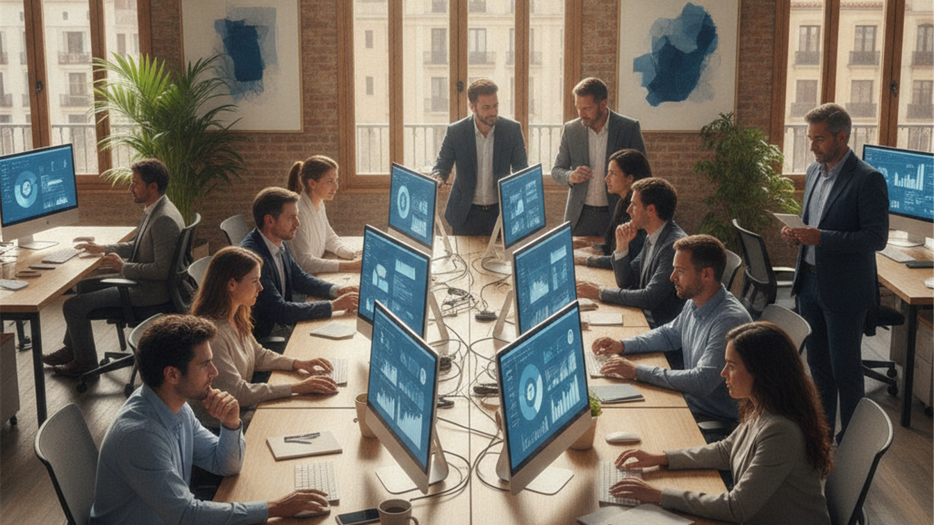 profesionales buscando trabajo en oficina moderna España septiembre 2026