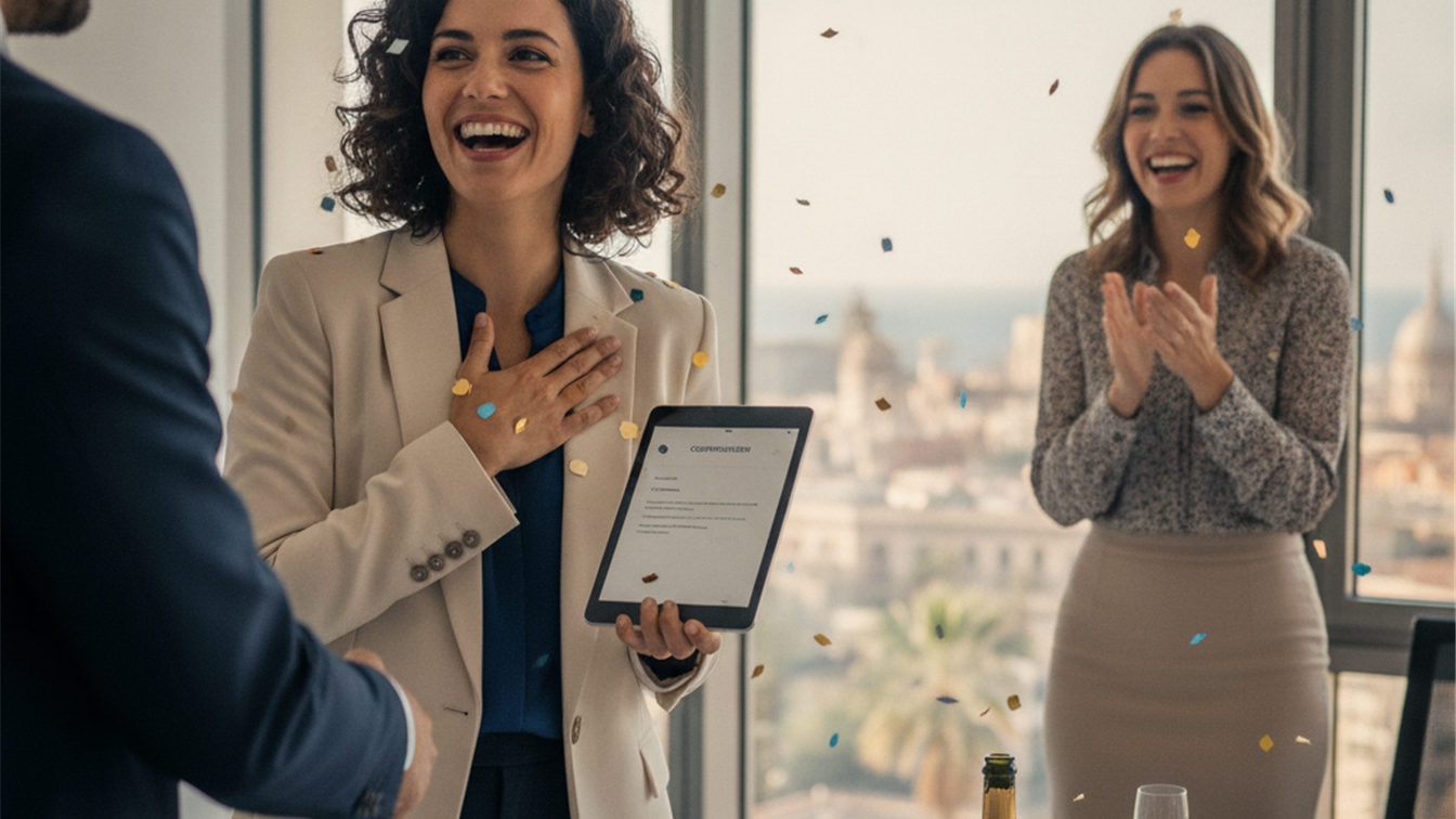 Profesional celebrando nueva oferta de trabajo en España