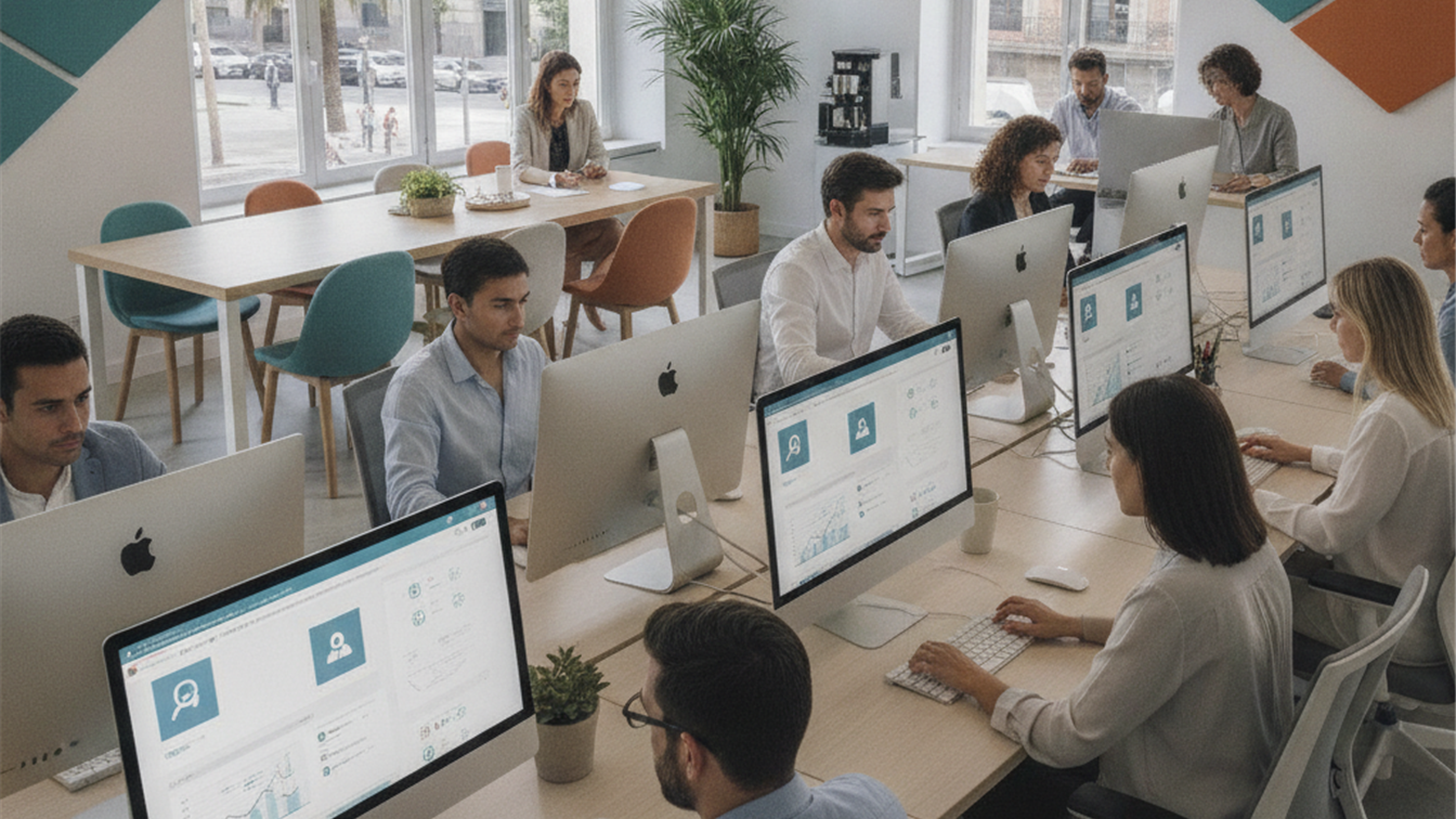 Equipo de profesionales trabajando en oficina moderna en España
