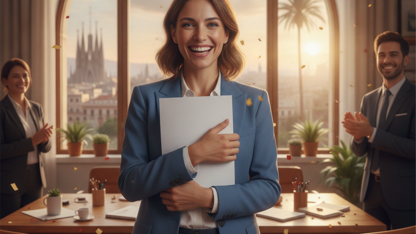 profesional feliz recibiendo oferta de trabajo en España