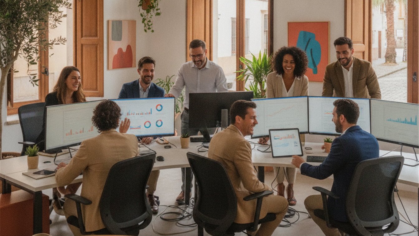 profesionales trabajando en oficina moderna España buscando empleo
