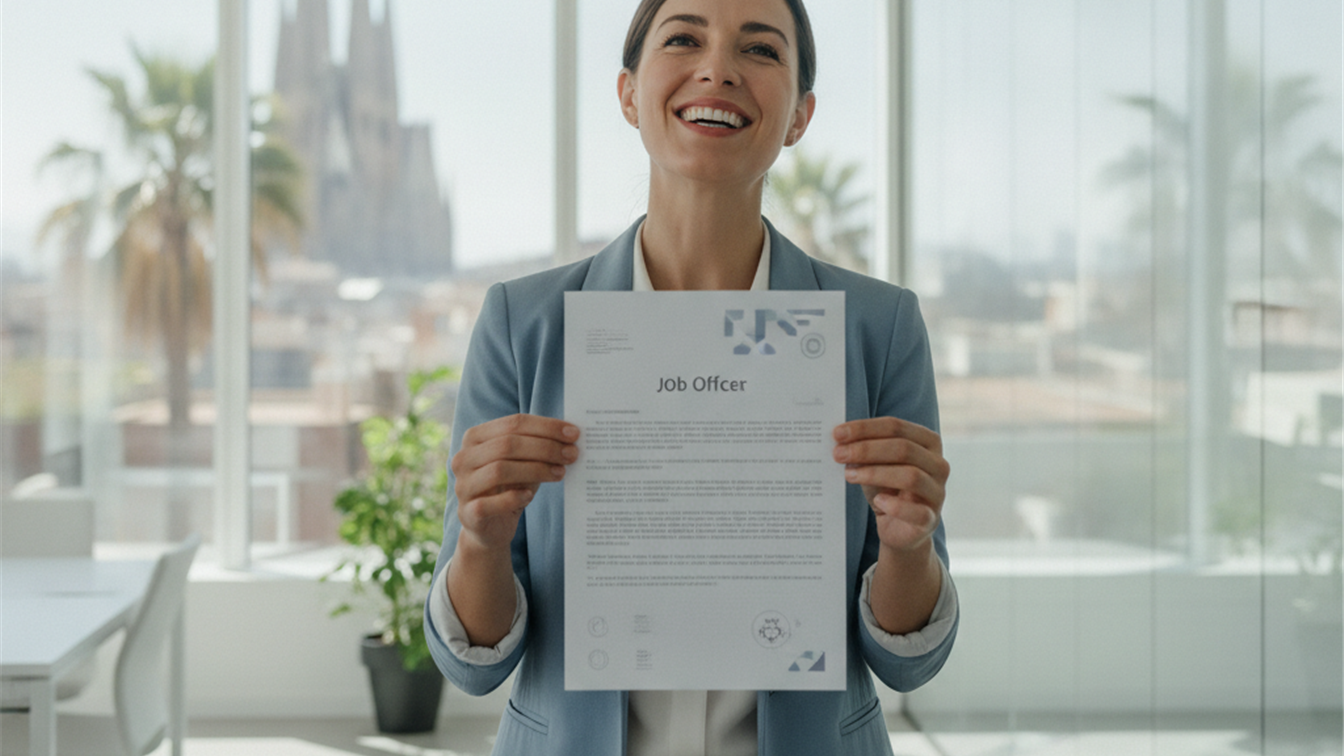 profesional feliz recibiendo oferta de trabajo en España